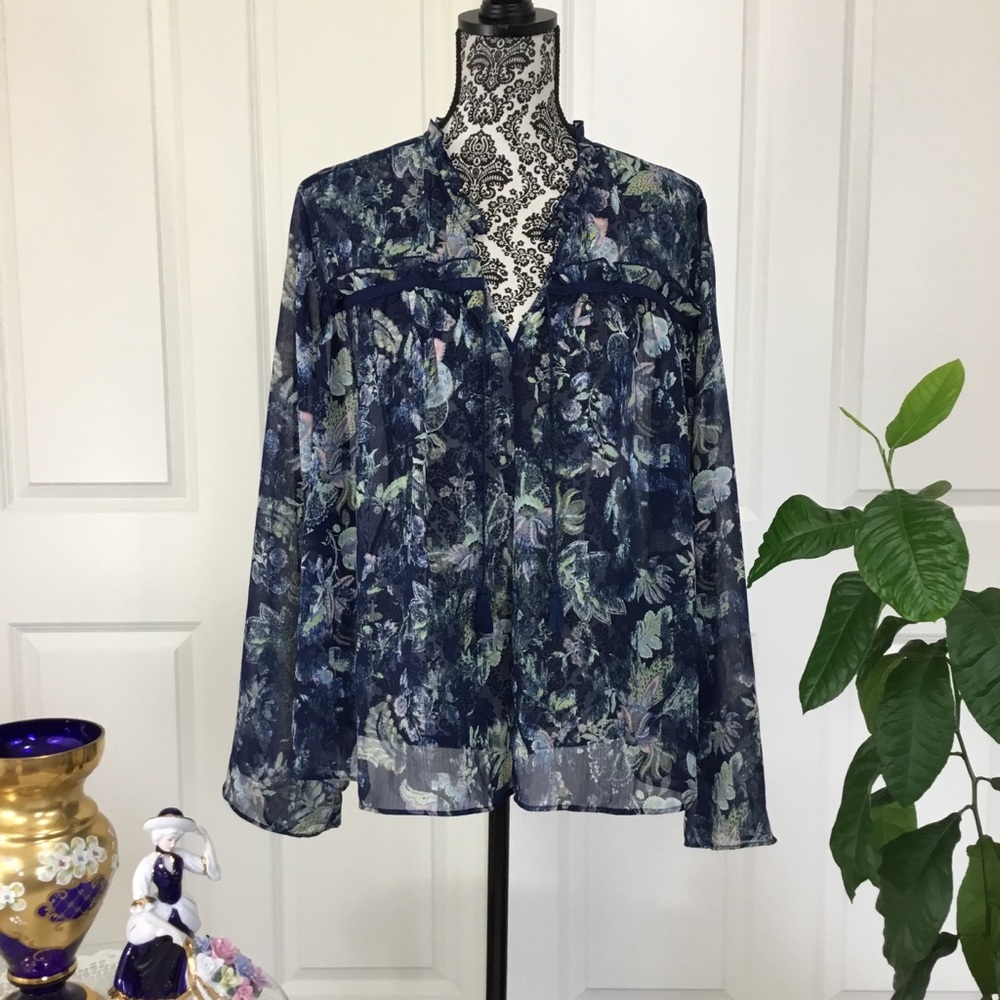 A.n.a Ruffle Trim Tassel Tie Peasant Boho Blouse